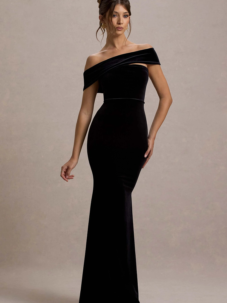 Candela | Black Velvet Asymmetric Bardot Maxi Dress 5