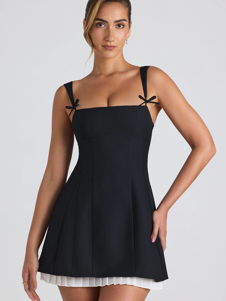 Bow-Detail Pleated A-Line Mini Dress in Black 5