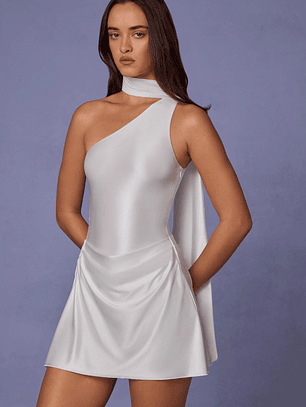 Asymmetric Scarf-Detail Mini Dress in White