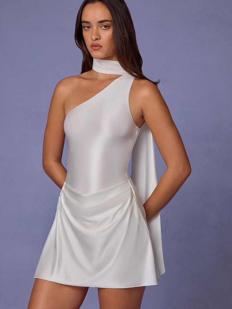 Asymmetric Scarf-Detail Mini Dress in White 1