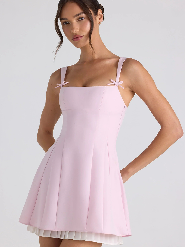 Bow-Detail Pleated A-Line Mini Dress in Soft Pink 2