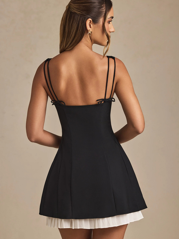 Bow-Detail Pleated A-Line Mini Dress in Black 6