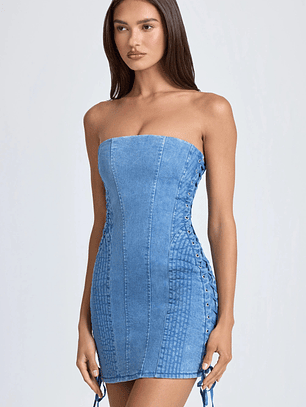 Bandeau Lace-Up Mini Dress in Mid Blue Stonewash