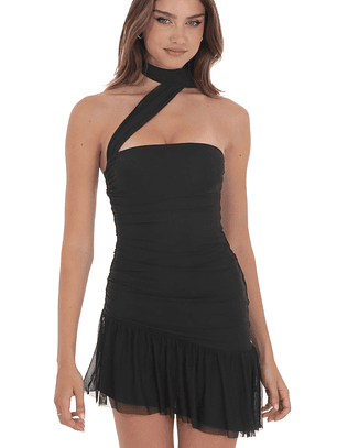 Asymmetrical Mesh Scarf Dress in Black