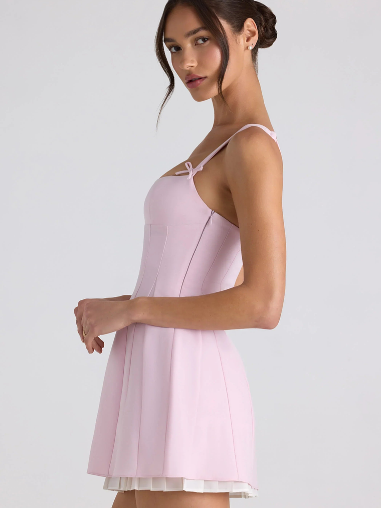 Bow-Detail Pleated A-Line Mini Dress in Soft Pink 3