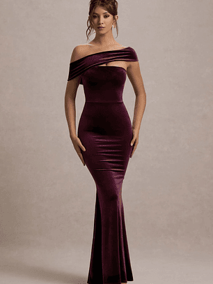 Candela | Port Velvet Asymmetric Bardot Maxi Dress