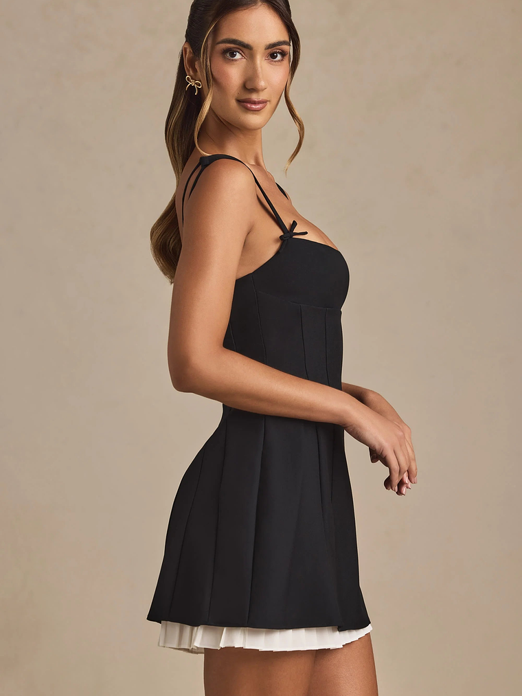 Bow-Detail Pleated A-Line Mini Dress in Black 7