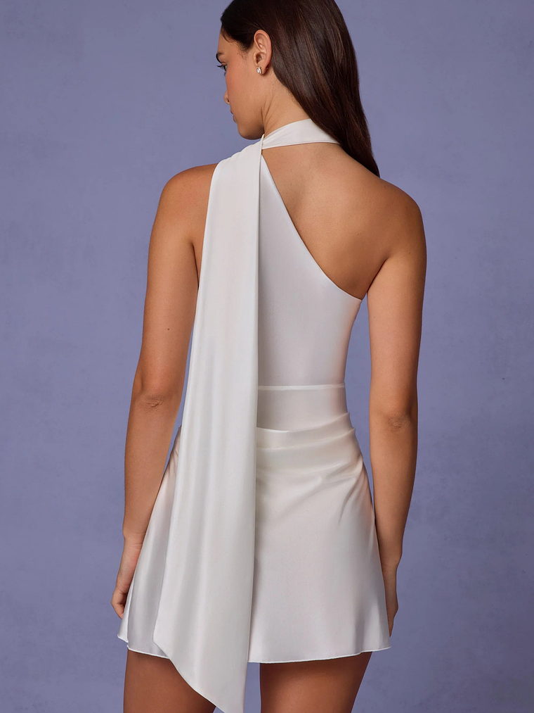 Asymmetric Scarf-Detail Mini Dress in White 4