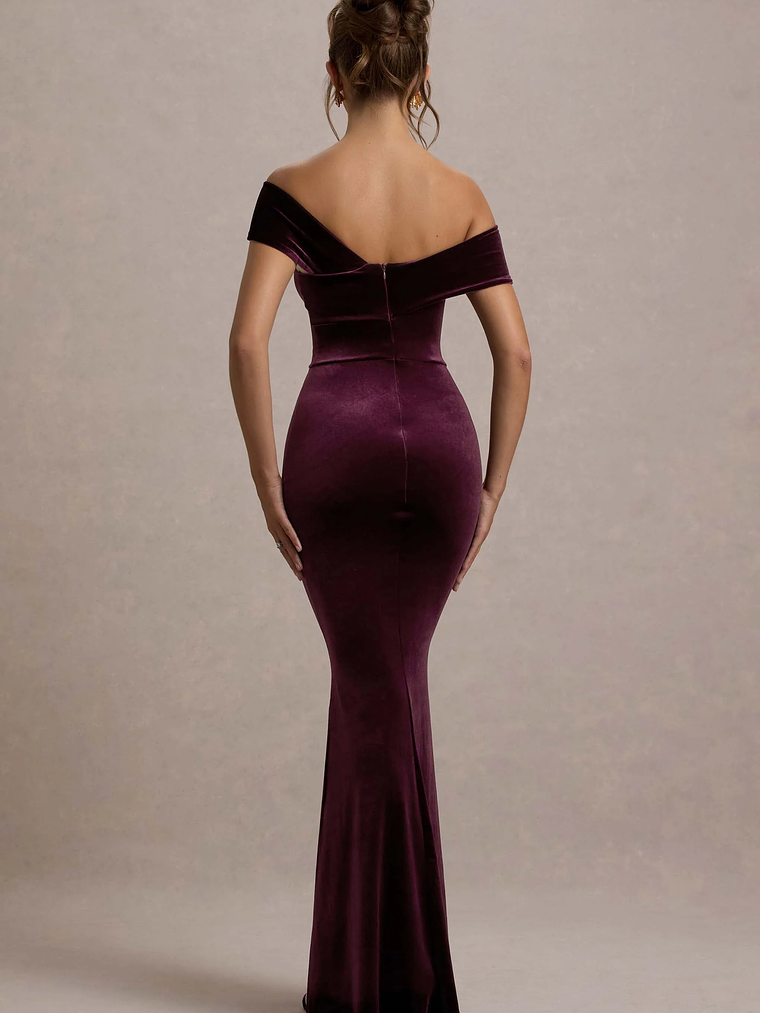 Candela | Port Velvet Asymmetric Bardot Maxi Dress 2