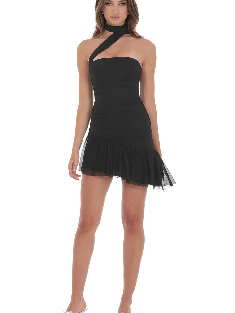 Asymmetrical Mesh Scarf Dress in Black 4