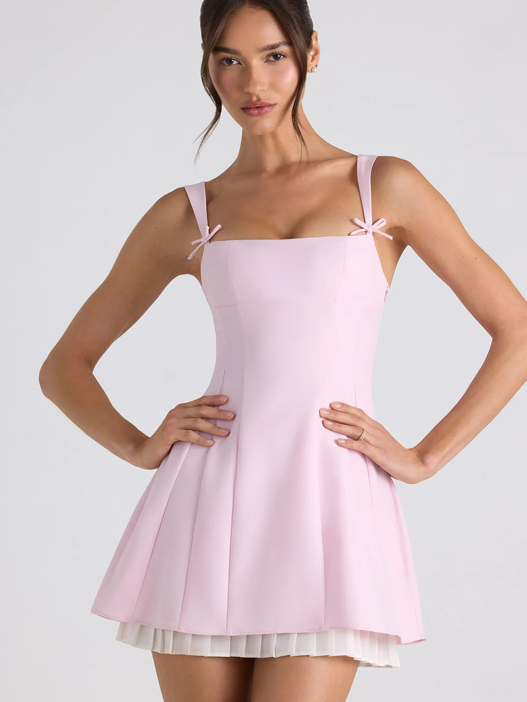 Bow-Detail Pleated A-Line Mini Dress in Soft Pink 5