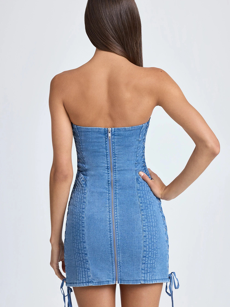 Bandeau Lace-Up Mini Dress in Mid Blue Stonewash 2