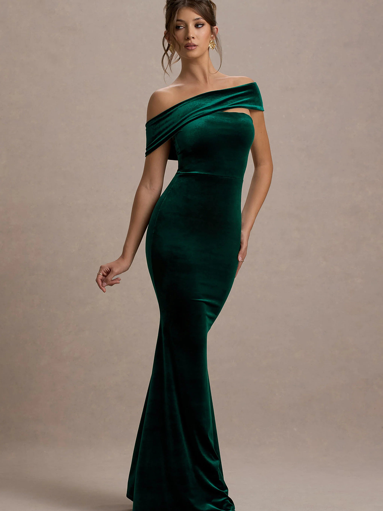Candela | Bottle Green Velvet Asymmetric Bardot Maxi Dress 5