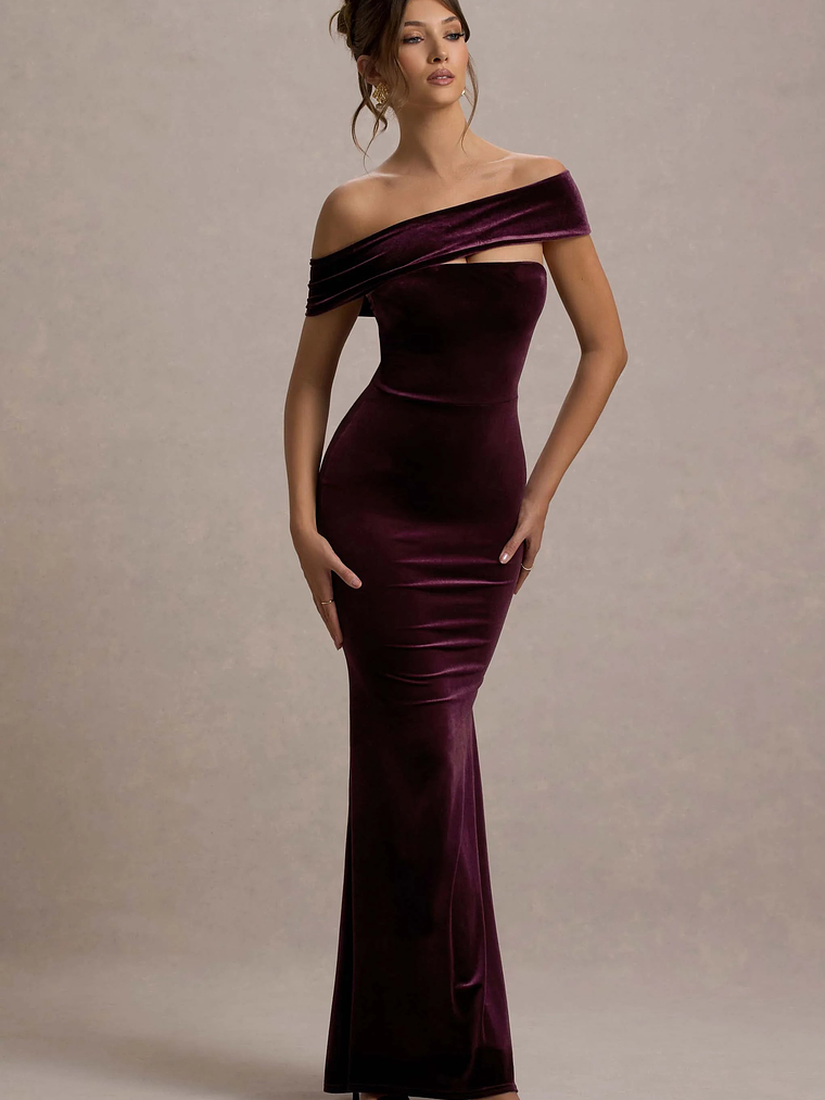 Candela | Port Velvet Asymmetric Bardot Maxi Dress 5
