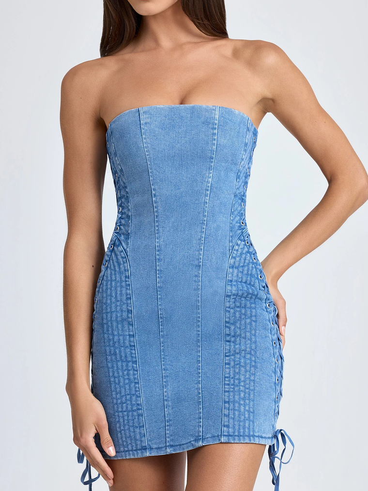 Bandeau Lace-Up Mini Dress in Mid Blue Stonewash 4