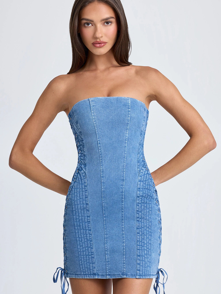 Bandeau Lace-Up Mini Dress in Mid Blue Stonewash 5