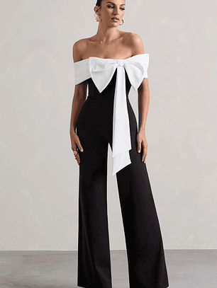 Bower | Black Bardot Straight-Leg Jumpsuit With Bow