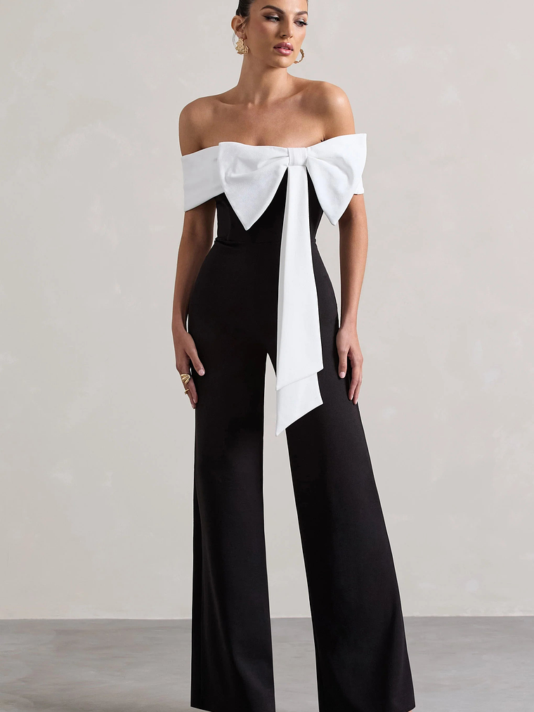 Bower | Black Bardot Straight-Leg Jumpsuit With Bow 1