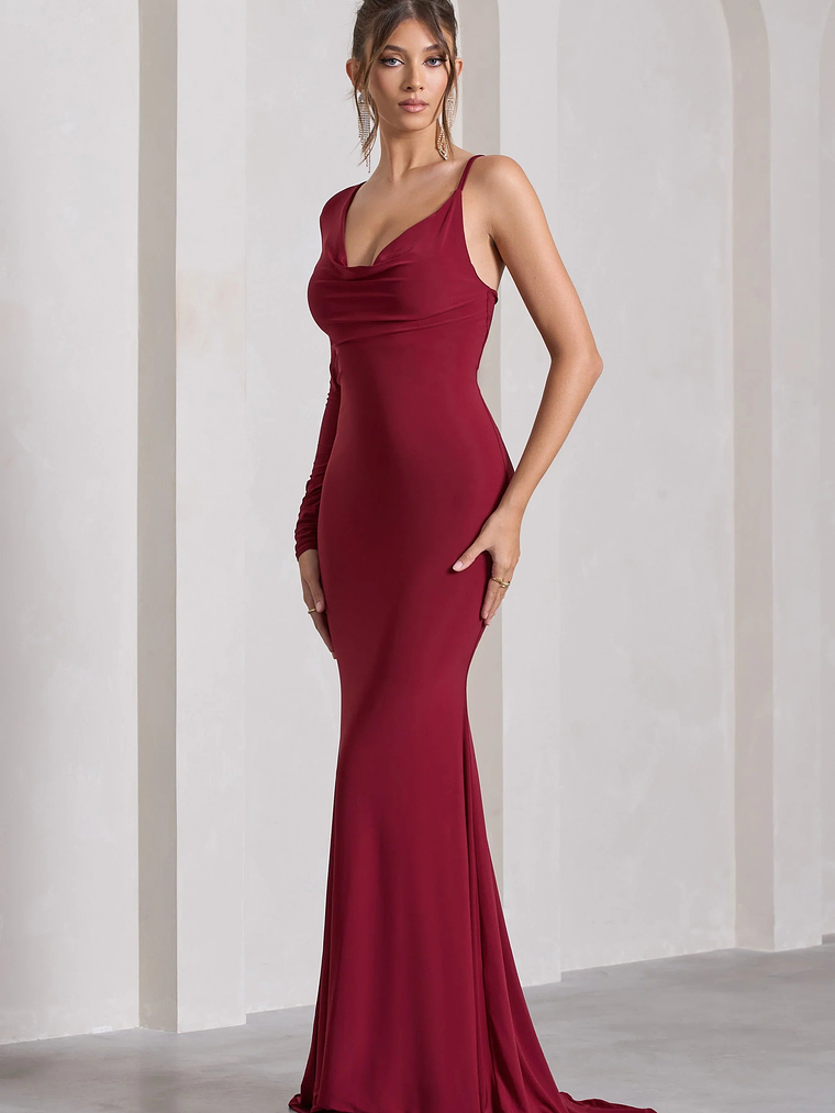 At Dusk | Berry Red One-Sleeved Cowl-Neck Fishtail Maxi Dress 5