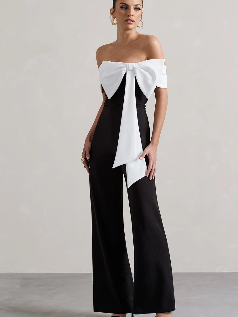 Bower | Black Bardot Straight-Leg Jumpsuit With Bow 4