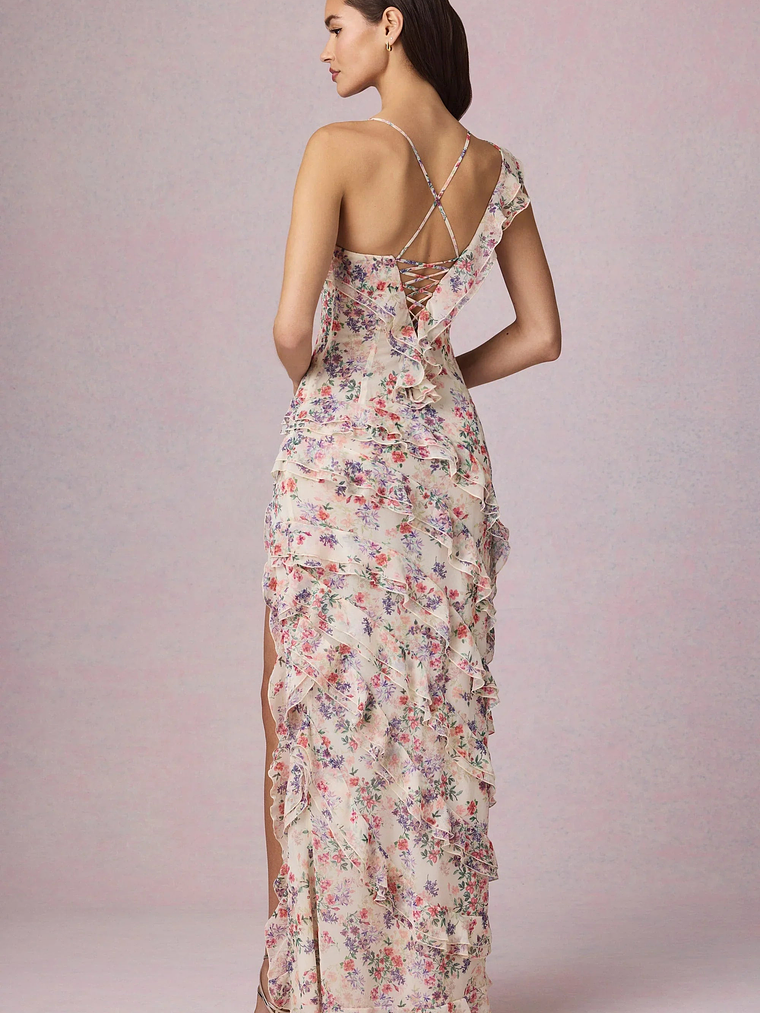 Asymmetric Ruffled Lace-Up Gown in Primrose Floral Print 14