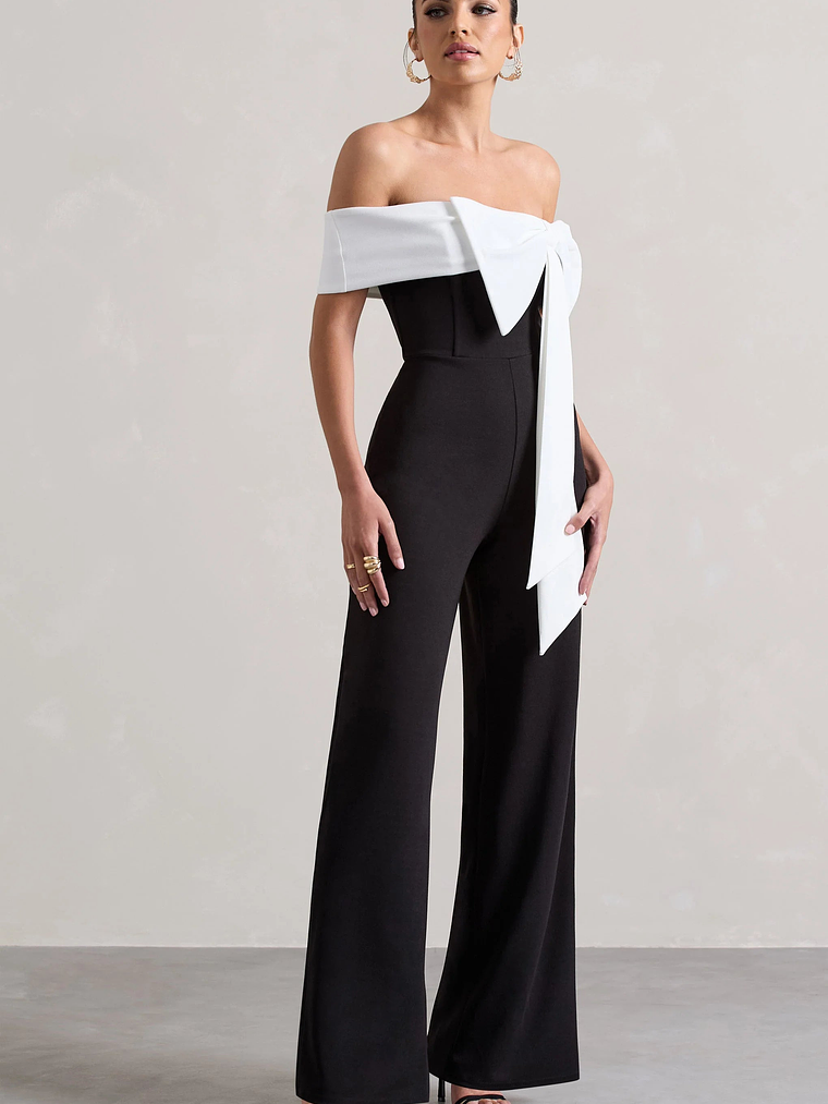 Bower | Black Bardot Straight-Leg Jumpsuit With Bow 5