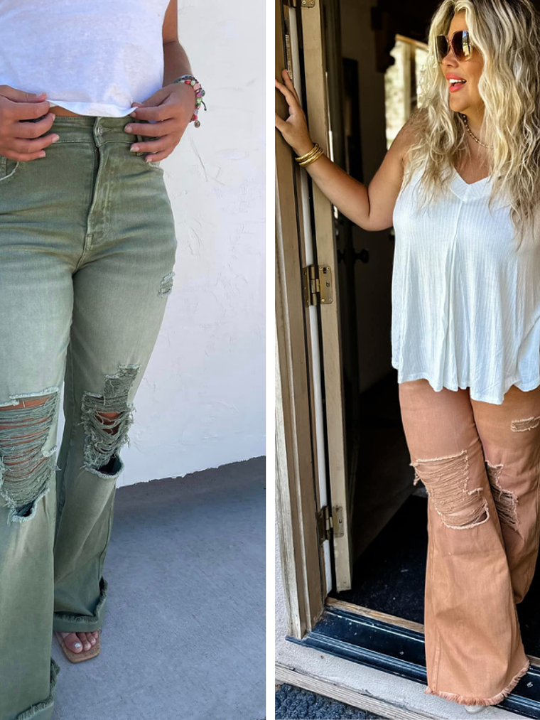 Blakeley Distressed Jeans In Olive and Camel 4