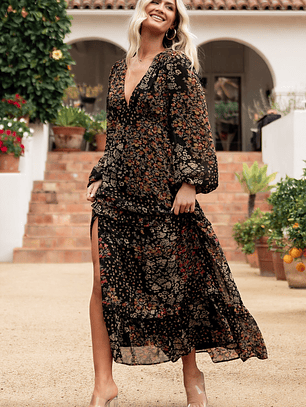 Bowman Deep V Maxi Dress | Black Multi