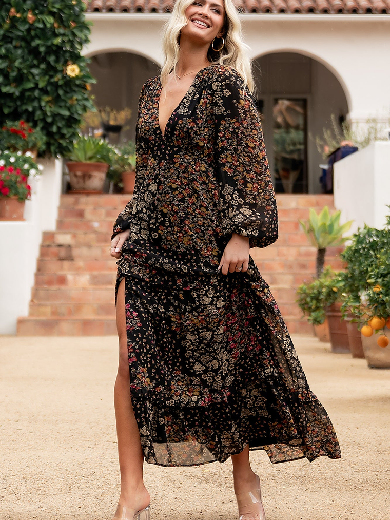 Bowman Deep V Maxi Dress | Black Multi 1