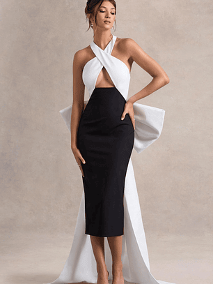 Blanca | Black & White Halter-Neck Cut-Out Midi Dress With Oversized Bow