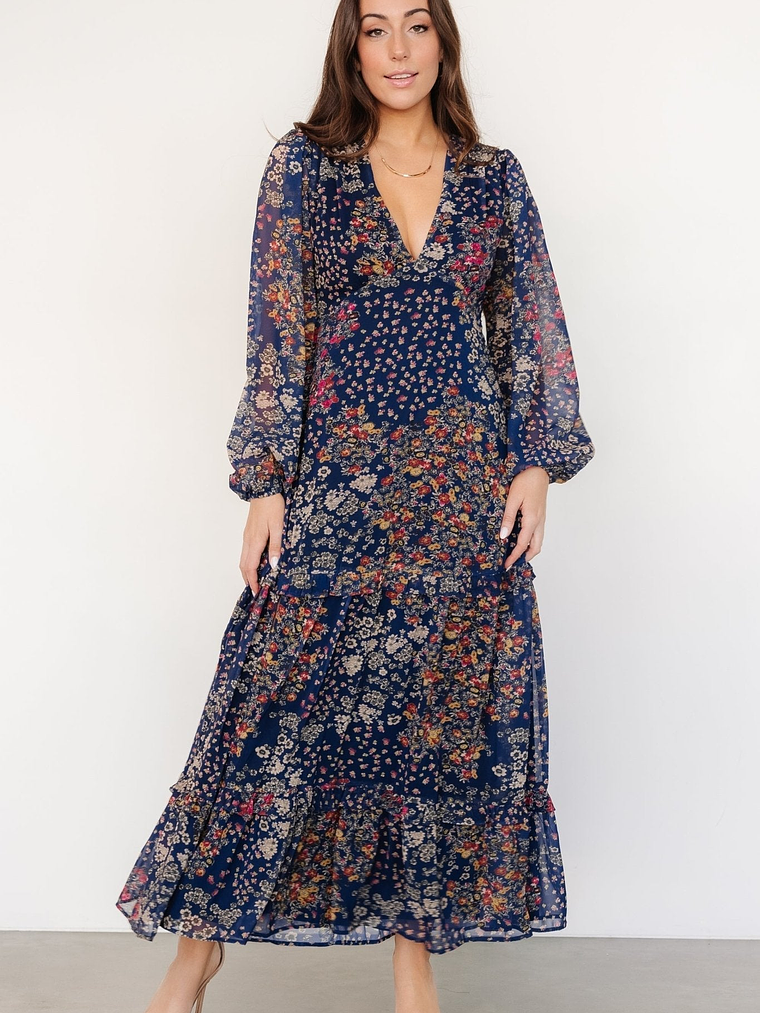 Bowman Deep V Maxi Dress | Dark Blue Multi 1