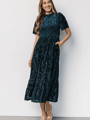 Callen Smocked Velvet Dress | Deep Blue