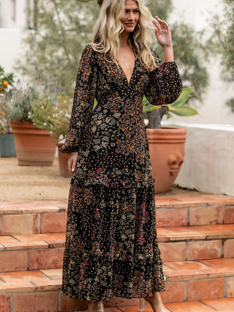 Bowman Deep V Maxi Dress | Black Multi 5