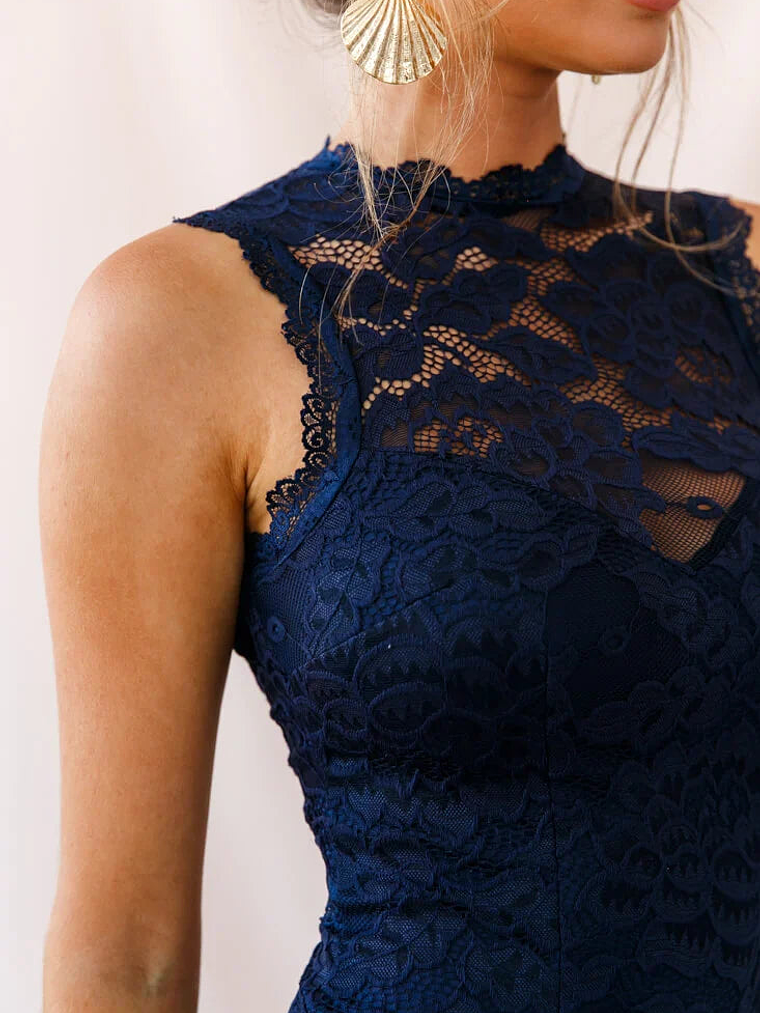 Canyon Floral Overlay Keyhole Back Dress Navy 5