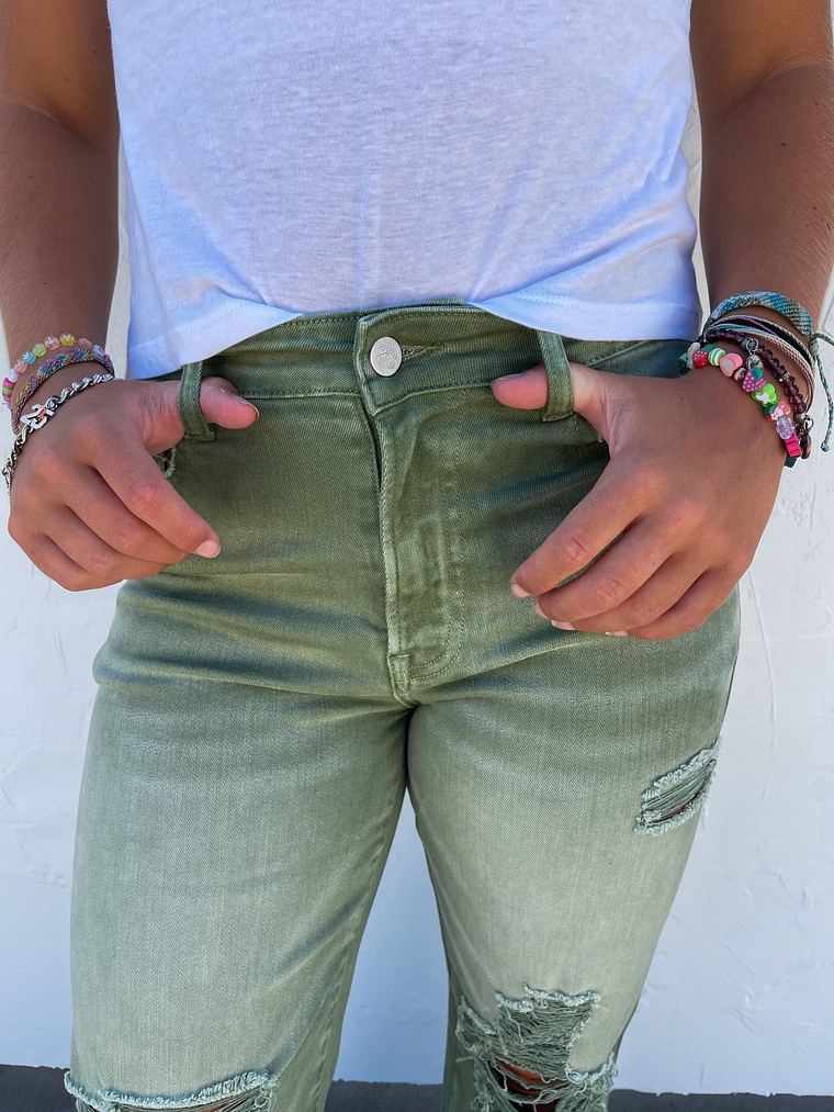 Blakeley Distressed Jeans In Olive and Camel 8
