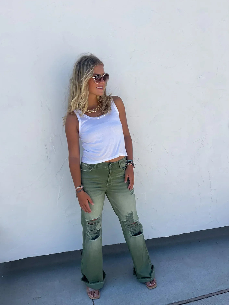 Blakeley Distressed Jeans In Olive and Camel 9