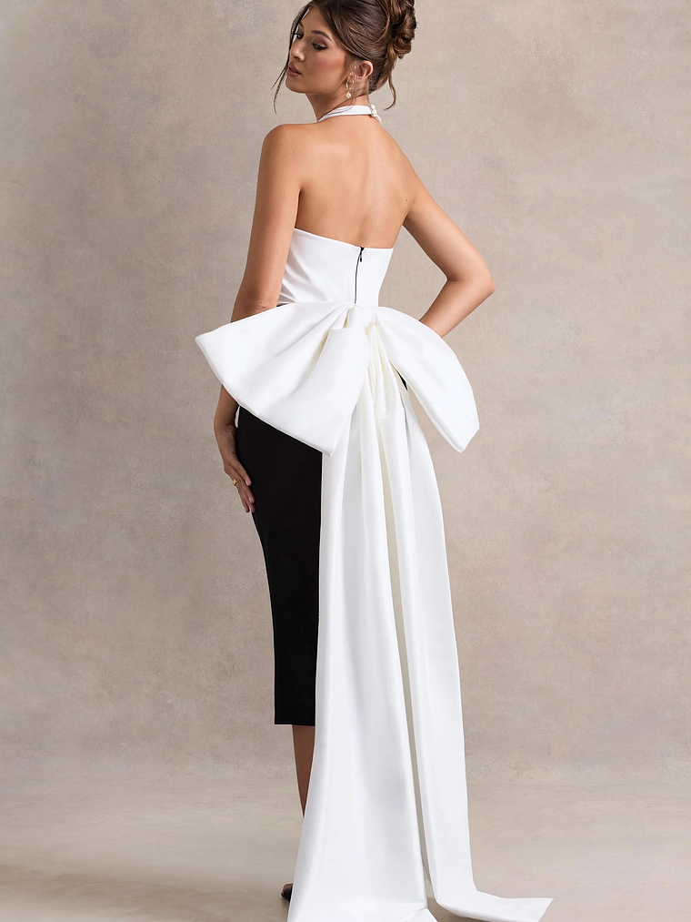 Blanca | Black & White Halter-Neck Cut-Out Midi Dress With Oversized Bow 4