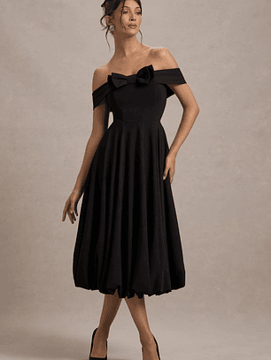 Calliopia | Black Bow Bardot Midi Dress With Puff-Ball Skirt