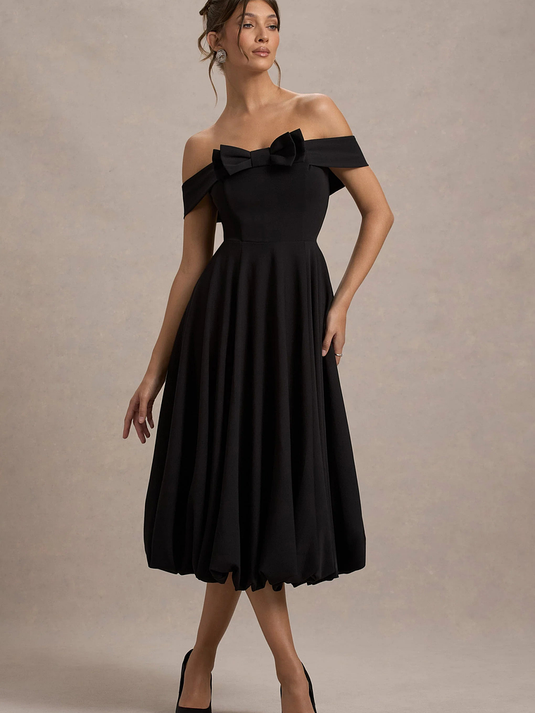 Calliopia | Black Bow Bardot Midi Dress With Puff-Ball Skirt 1