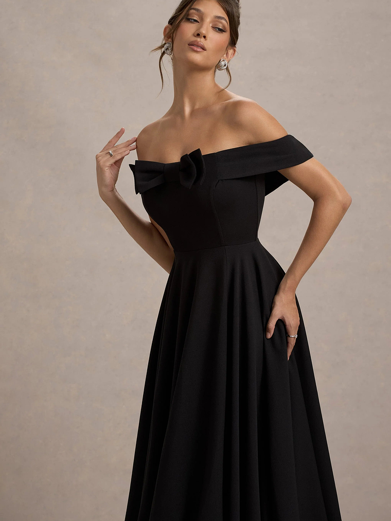 Calliopia | Black Bow Bardot Midi Dress With Puff-Ball Skirt 3