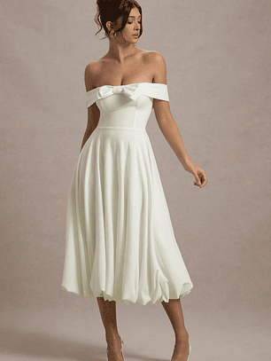 Calliopia | Cream Bow Bardot Midi Dress With Puff-Ball Skirt