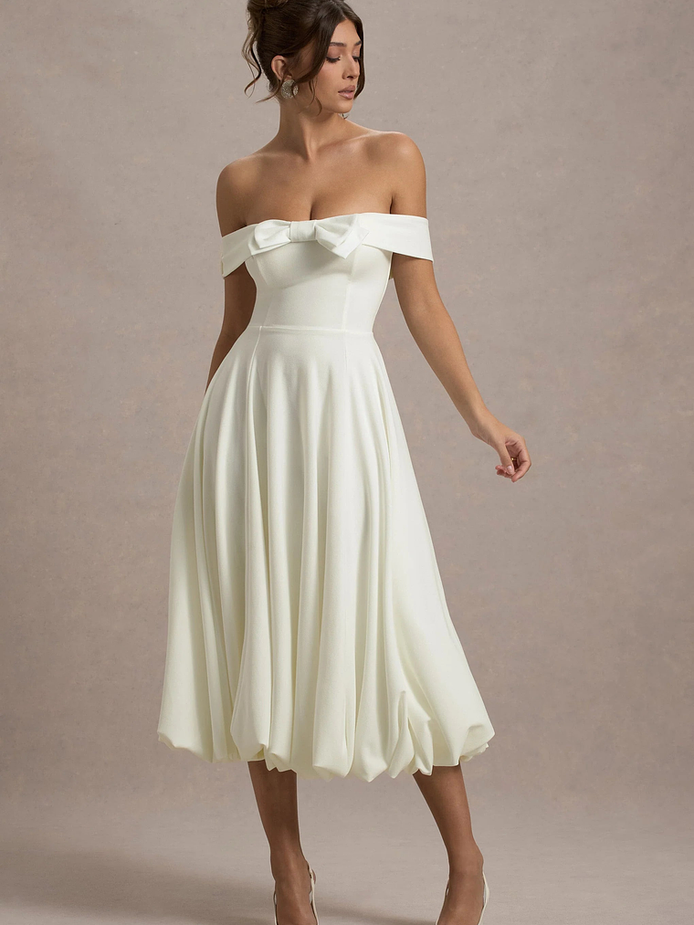 Calliopia | Cream Bow Bardot Midi Dress With Puff-Ball Skirt 1