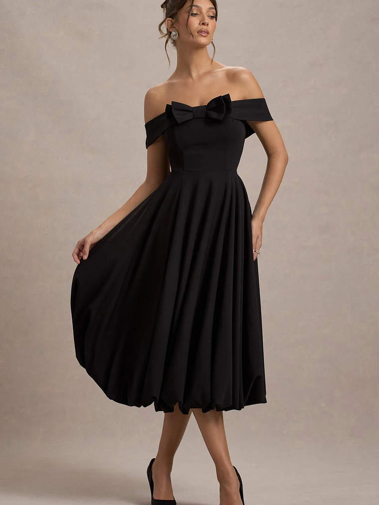 Calliopia | Black Bow Bardot Midi Dress With Puff-Ball Skirt 4
