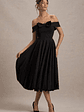 Calliopia | Black Bow Bardot Midi Dress With Puff-Ball Skirt - thumbnail 4