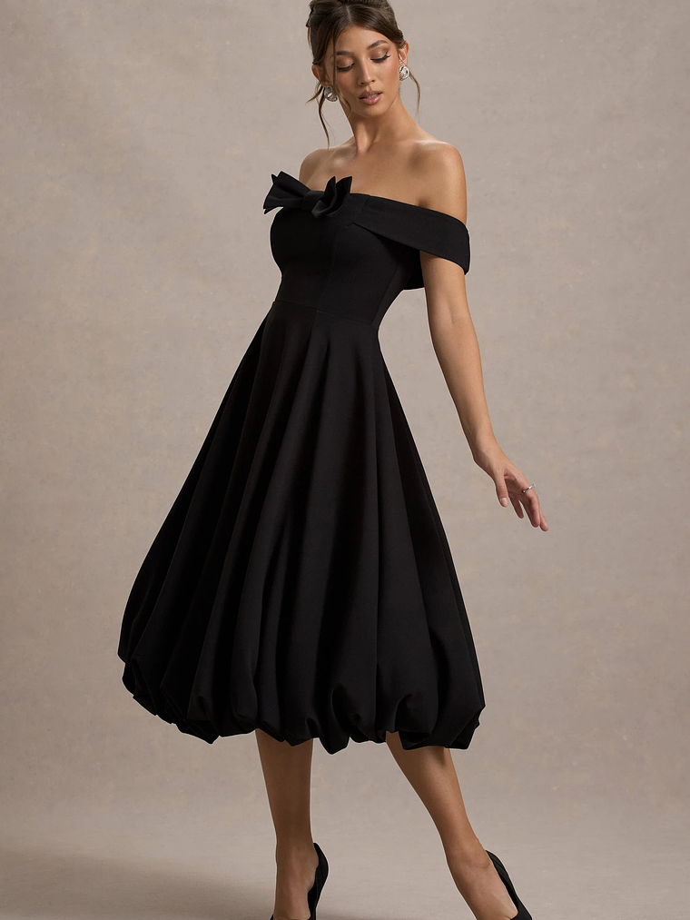 Calliopia | Black Bow Bardot Midi Dress With Puff-Ball Skirt 6