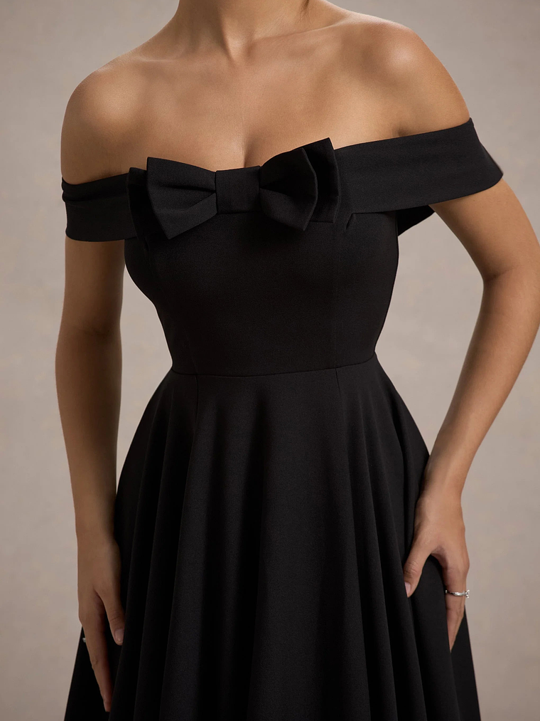 Calliopia | Black Bow Bardot Midi Dress With Puff-Ball Skirt 7