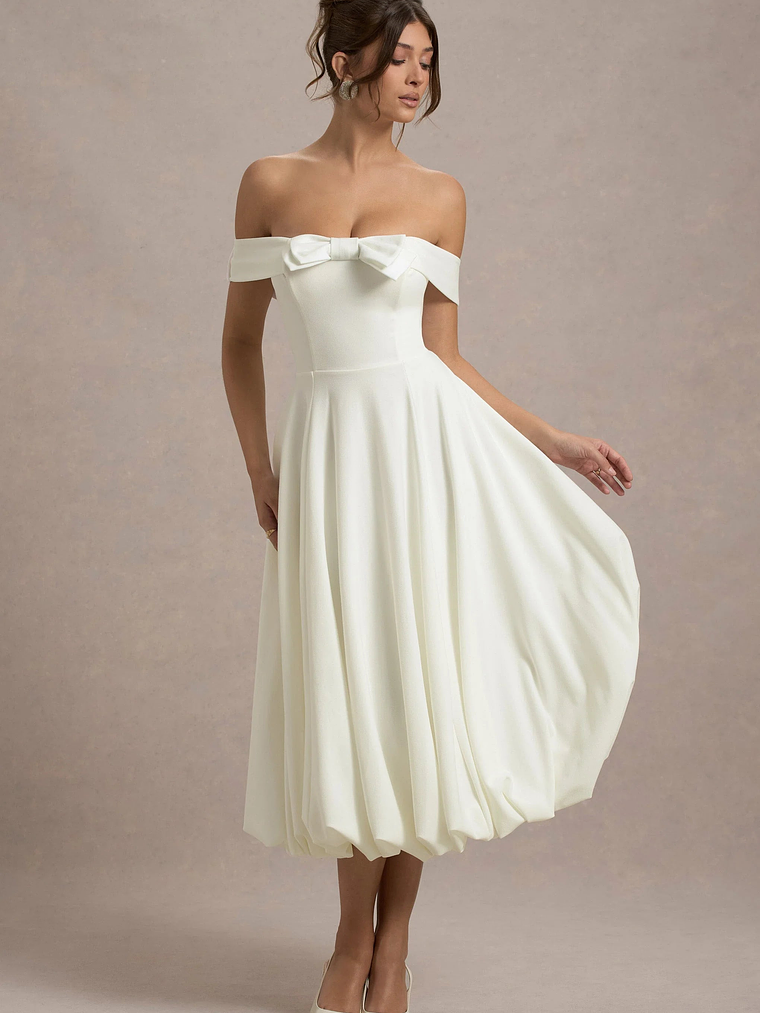 Calliopia | Cream Bow Bardot Midi Dress With Puff-Ball Skirt 5