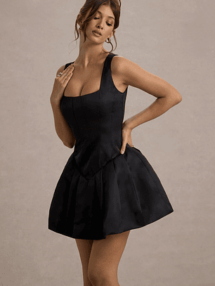 Bramble | Black Satin Square-Neck Puffball Mini Dress