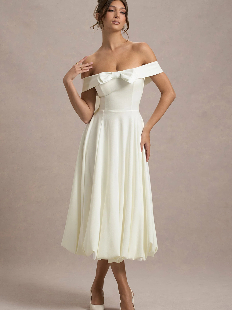 Calliopia | Cream Bow Bardot Midi Dress With Puff-Ball Skirt 6