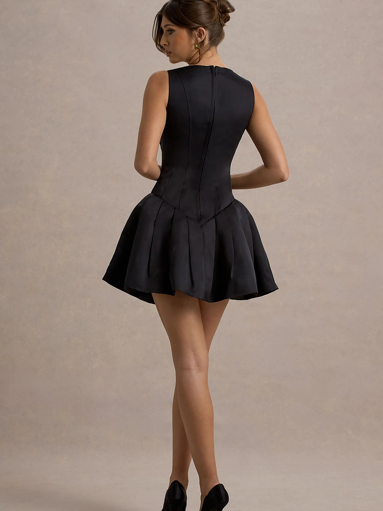 Bramble | Black Satin Square-Neck Puffball Mini Dress 2